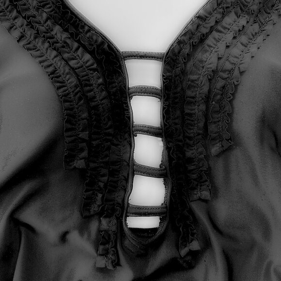 2.	One piece swimsuit, black, plunging V-neckline, body decorated with ruching. - Picture 4 of 4